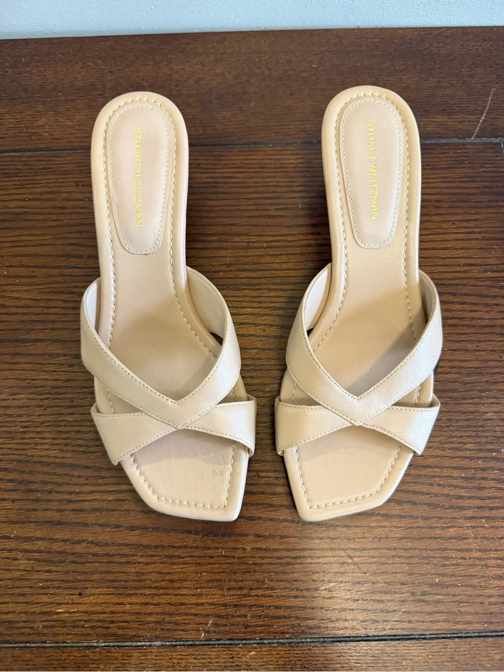Stuart Weitzman Miami Beige Nude kitten heel Leather Slide Sandals